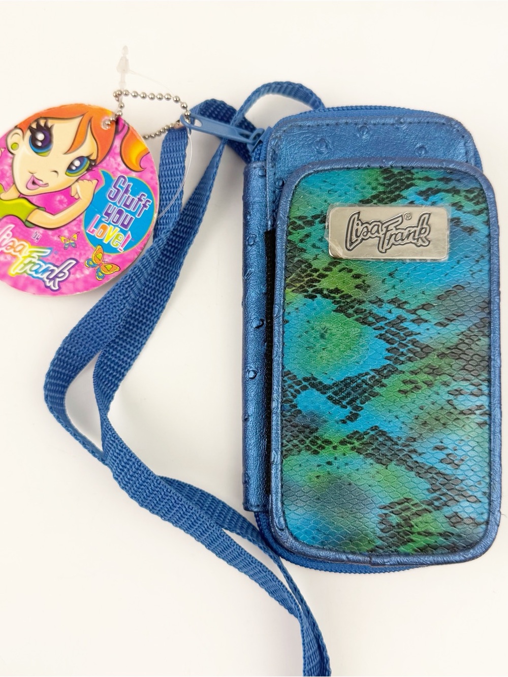 Vtg Lisa Frank Cell Phone Wallet Purse Cross Body Blue Faux Snakeskin Y2K New